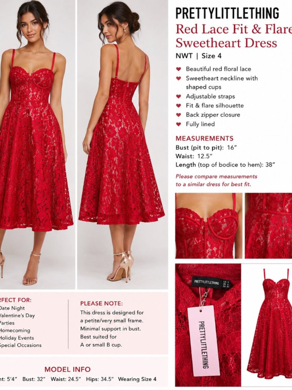 PrettyLittleThing Red Lace Sweetheart Fit & Flare Party Dress NWT Size 4